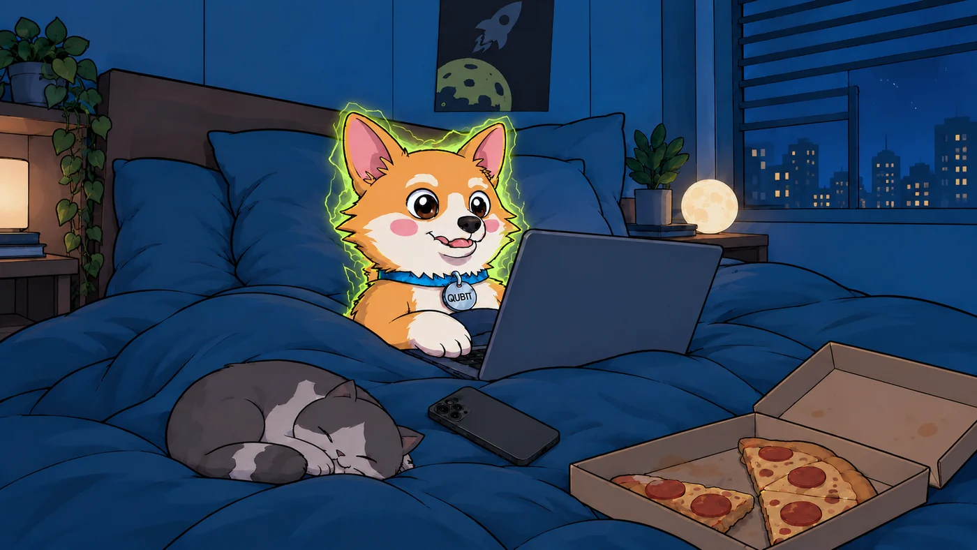 Qubit relaxing on a blue sofa with snacks and a sleeping cat
