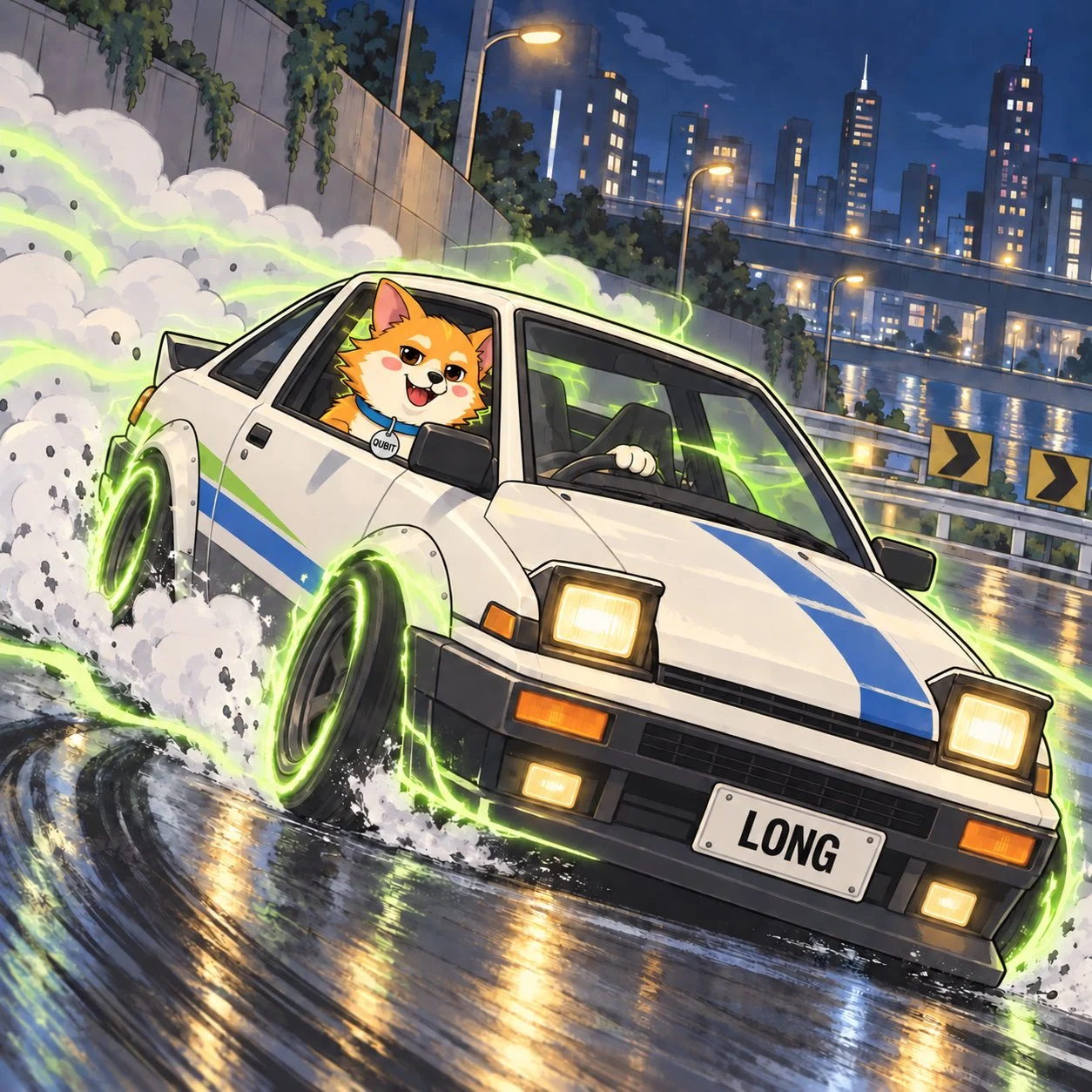 Qubit drifting a white sports car through the city at night