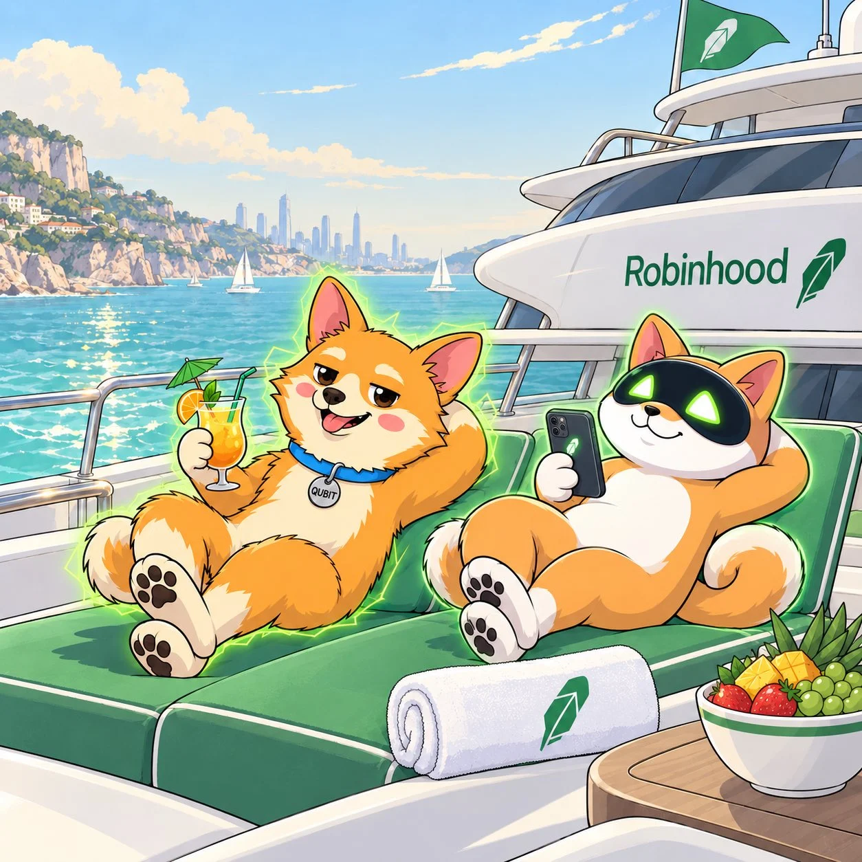 Qubit and Artificial Inu relaxing on a yacht