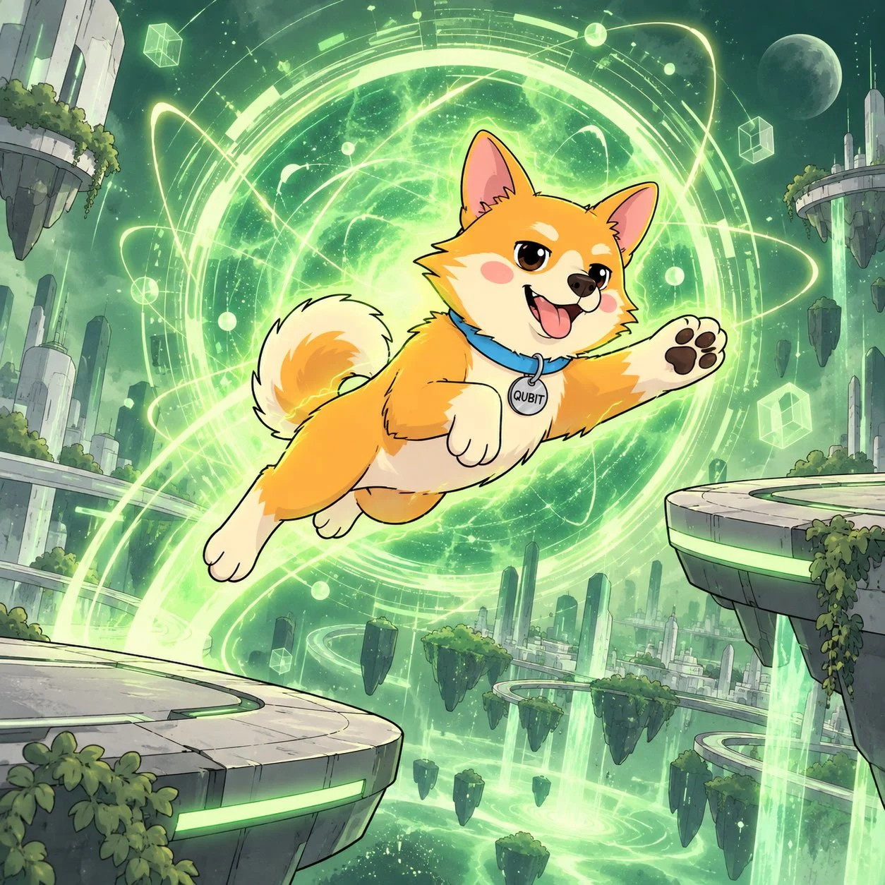 Qubit leaping through a green portal between floating worlds