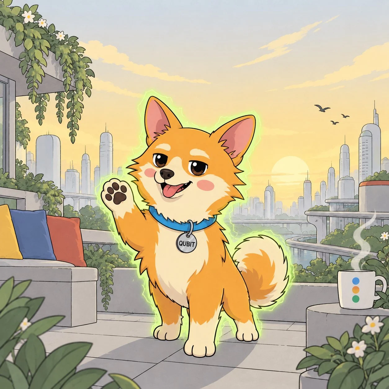 Qubit discovering a sunlit city garden in another timeline