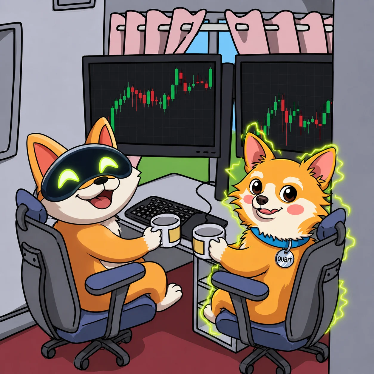 Qubit and Artificial Inu sharing coffee at a trading desk